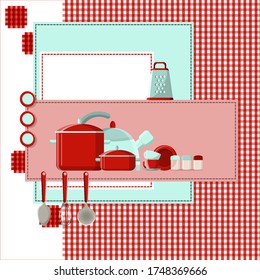 Cover design for cookbook or notebook, template for text. Kitchen utensils on a red checkered background. A large bowl, teapot, cups and grater, a set of kitchen accessories.