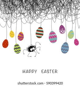 Cover design. Depicted spider and spiderweb black background. On the spiderweb Easter eggs different design and colors and phrase happy Easter on the white background.