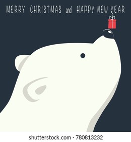 The cover design. Depicts face little polar bear with gift box. Phrase merry Christmas and a happy New year on dark background.