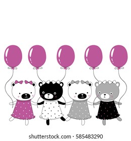 The cover design. Depicts  four Teddy bears in dresses, five balloons  ribbon on a white background. Can be used as greetings for birthday.