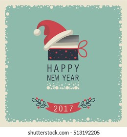 The cover design. The depicts a gift box, phrase happy new year and santa hat on a blue background.The depicts a number 2,0,1,7 on a christmas decoration.