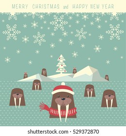 The cover design. Depicts an iceberg with christmas tree and nine walrus is a water. Phrase merry Christmas and a happy New year.