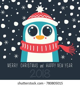 The cover design. Depicts a penguin in a hat and a scarf. In the bottom of the image the phrase merry Christmas and happy new year on the dark background and number 2,0,1,8