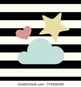 The cover design. Depicts a pink heart, a yellow star and blue cloud striped black and white background