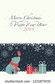 The cover design. Depicts a seated little polar bear with gift box on the nose. Polar bear with the red scarf. Phrase merry Christmas and a happy New year ,numbers 2,0,1,9 on the white background.