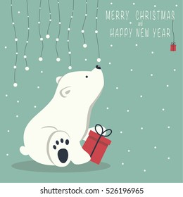 The cover design. Depicts a seated little polar bear with gift box. A garland of snow balls over a bear and the phrase merry Christmas and a happy New year on blue background.