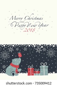 The cover design. Depicts a seated little polar bear with gift box on the nose. Polar bear with the  red scarf.  Phrase merry Christmas and a happy New year ,numbers 2,0,1,8 on the white background.