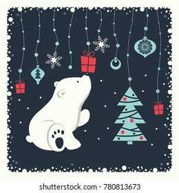 The cover design. Depicts a seated little polar bear. A garland of snow balls, christmas toys, gift box, snowflakes and christmas tree on dark background.