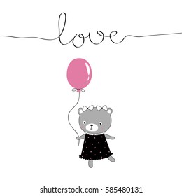 The cover design. Depicts Teddy bear in dress, one balloon pink and the word love in black on a white background. Can be used as greetings for birthday.