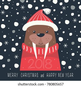 The cover design. Depicts a walrus on a hat and red sweater. The phrase merry Christmas and a happy New year and number 2,0,1,8 on the dark background.
