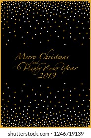 The cover design. Depicts white and gold point on the black background. The phrase merry christmas and happy new year and numbers: two, zero, one ,nine on a black background