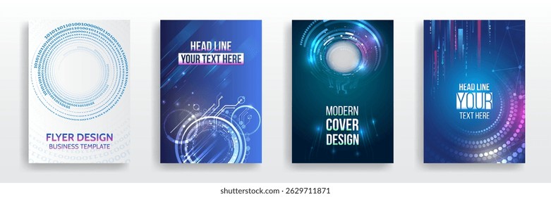 Cover design with digital circuits, binary code, glowing elements and futuristic patterns. Suitable for technology events, innovation presentations, cybersecurity brochures and digital communication.