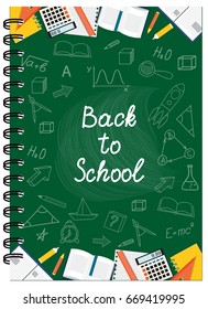 Cover design with education stationery, icons and hand drawn symbols for tutorial cover, notebook, sketchbook, album, copybook. Cover A5 notebook template with spiral and text. EPS 10.