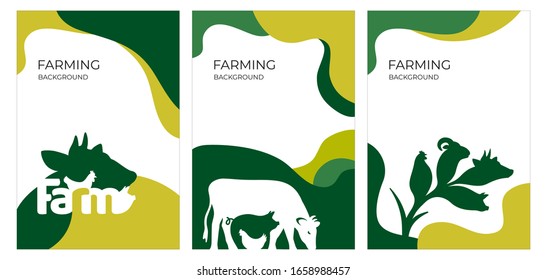 Diseño de la cubierta con animales de granja. Concepto ganadero, agrícola o agrícola. Juego de banderas con vaca, cerdo, carnero y pollo. Ilustraciones vectoriales con espacio de copia y fondo verde para volante, afiche.