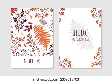 Cover design with floral autumn pattern. Hand drawn plants. Invitation, greeting card, cover book, notebook. Vector illustration