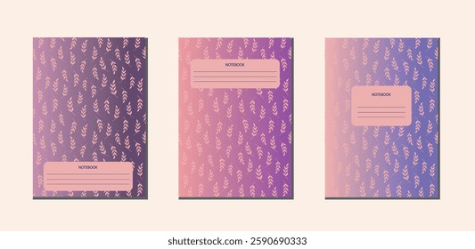 Cover design with floral pattern. Doodle leaves on pink neon background.  Vector template for notebooks, planners, brochures, books.