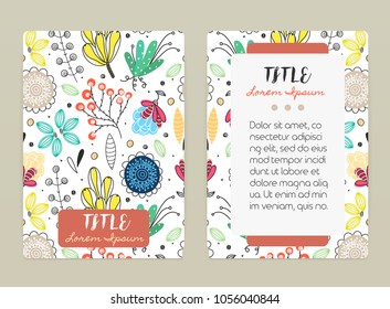 Diseño de la tapa con motivos florales. Flores creativas dibujadas a mano. Colorido fondo artístico con florecimiento. Se puede utilizar para invitación, tarjeta, portada, cuaderno. Tamaño A4. Ilustración vectorial, eps10
