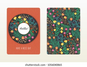 Cover design with floral pattern. Hand drawn creative flowers. Colorful artistic background with blossom. It can be used for invitation, card, cover book, notebook. Size A4. Vector illustration, eps10