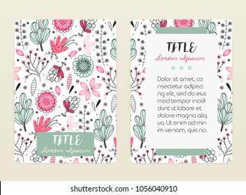 Cover design with floral pattern. Hand drawn creative flowers. Colorful artistic background with blossom. It can be used for invitation, card, cover book, notebook. Size A4. Vector illustration, eps10