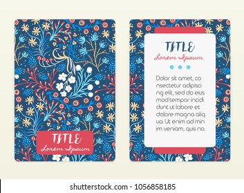 Cover design with floral pattern. Hand drawn creative flowers. Colorful artistic background with blossom. It can be used for invitation, card, cover book, notebook. Size A4. Vector illustration, eps10