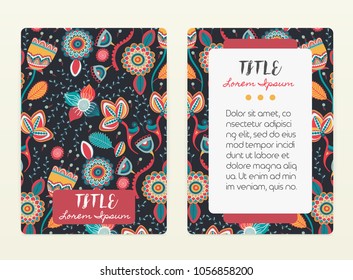 Cover design with floral pattern. Hand drawn creative flowers. Colorful artistic background with blossom. It can be used for invitation, card, cover book, notebook. Size A4. Vector illustration, eps10