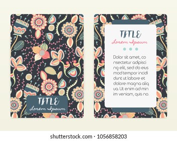 Cover design with floral pattern. Hand drawn creative flowers. Colorful artistic background with blossom. It can be used for invitation, card, cover book, notebook. Size A4. Vector illustration, eps10