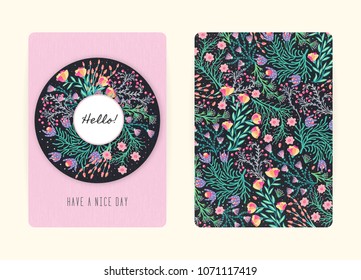 Cover design with floral pattern. Hand drawn creative flowers. Colorful artistic background with blossom. It can be used for invitation, card, cover book, notebook. Size A4. Vector illustration, eps10