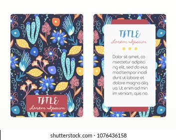 Cover design with floral pattern. Hand drawn creative flowers. Colorful artistic background with blossom. It can be used for invitation, card, cover book, notebook. Size A4. Vector illustration, eps10