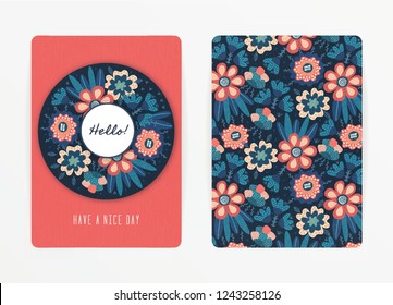 Cover design with floral pattern. Hand drawn creative flowers. Colorful artistic background with blossom. It can be used for invitation, card, cover book, notebook. Size A4. Vector illustration, eps10