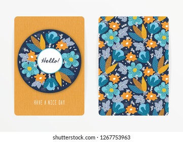 Cover design with floral pattern. Hand drawn creative flowers. Colorful artistic background with blossom. It can be used for invitation, card, cover book, notebook. Size A4. Vector illustration, eps10