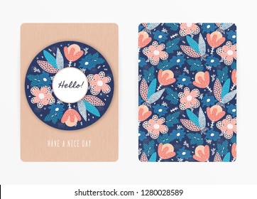 Cover design with floral pattern. Hand drawn creative flowers. Colorful artistic background with blossom. It can be used for invitation, card, cover book, notebook. Size A4. Vector illustration, eps10