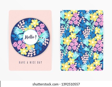 Cover design with floral pattern. Hand drawn creative flowers. Colorful artistic background with blossom. It can be used for invitation, card, cover book, notebook. Size A4. Vector illustration, eps10