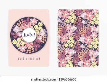 Cover design with floral pattern. Hand drawn creative flowers. Colorful artistic background with blossom. It can be used for invitation, card, cover book, notebook. Size A4. Vector illustration, eps10