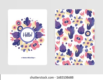 Cover-Design mit floralem Muster. Handgezeichnete kreative Blumen. Farbiger künstlerischer Hintergrund mit Blüte. Es kann für Einladung, Karte, Cover-Buch, Notebook verwendet werden. Größe A4. Vektorillustration, eps10