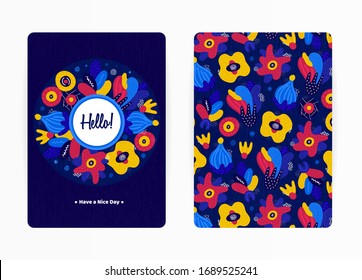 Cover design with floral pattern. Hand drawn creative flowers. Colorful artistic background with blossom. It can be used for invitation, card, cover book, notebook. Size A4. Vector illustration, eps10