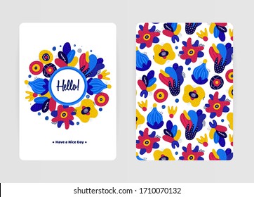 Cover design with floral pattern. Hand drawn creative flowers. Colorful artistic background with blossom. It can be used for invitation, card, cover book, notebook. Size A4. Vector illustration, eps10