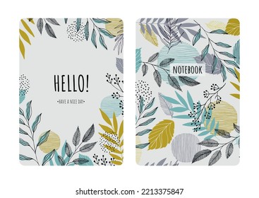 Cover design with floral pattern. Hand drawn plants. Scandinavian artistic background with herbs. Invitation, greeting card, cover book, notebook. Size A4. Vector illustration