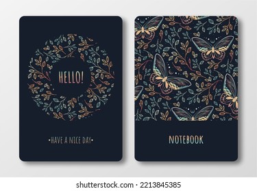 Cover design with floral pattern. Hand drawn plants. Modern artistic background with butterflies. Invitation, greeting card, cover book, notebook. Size A4. Vector illustration