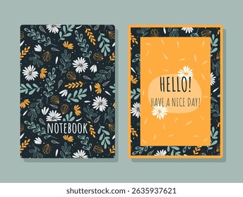 Design da tampa com padrão floral. Plantas desenhadas à mão. História artística escandinava com ervas. Convite, cartão de saudação, capa, caderno. Ilustração vetorial