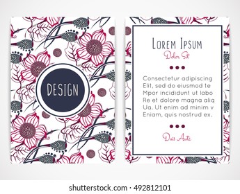 Cover design with floral pattern. Hand drawn flowers. Flowering plants. Bloom. Brochure, invitation, flyer, card or book cover. Size a4. Vector illustration, eps10