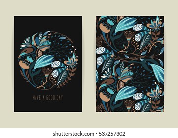 Cover design with floral pattern. Hand drawn creative flower. Colorful artistic background with blossom. It can be used for invitation, card, cover book, catalog. Size A4. Vector illustration, eps10