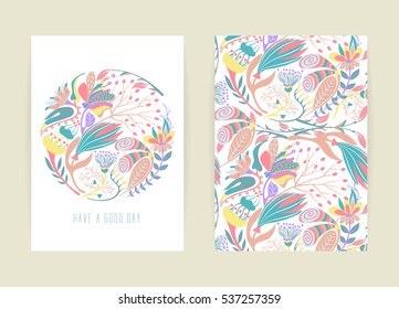 Cover design with floral pattern. Hand drawn creative flower. Colorful artistic background with blossom. It can be used for invitation, card, cover book, catalog. Size A4. Vector illustration, eps10