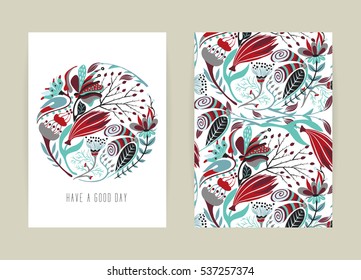 Cover design with floral pattern. Hand drawn creative flower. Colorful artistic background with blossom. It can be used for invitation, card, cover book, catalog. Size A4. Vector illustration, eps10