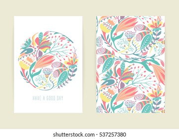 Cover design with floral pattern. Hand drawn creative flower. Colorful artistic background with blossom. It can be used for invitation, card, cover book, catalog. Size A4. Vector illustration, eps10