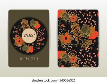 Cover Design mit floralem Muster. Handgezeichnete kreative Blume. Farbiger künstlerischer Hintergrund mit Blüte. Es kann für Einladung, Karte, Cover-Buch, Katalog verwendet werden. Größe A4. Vektorgrafik, eps10