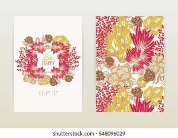 Cover design with floral pattern. Hand drawn creative flowers. Colorful artistic background with blossom. It can be used for invitation, card, cover book, catalog. Size A4. Vector illustration, eps10