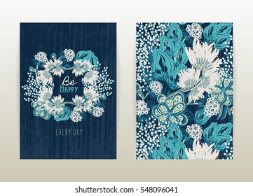 Cover design with floral pattern. Hand drawn creative flowers. Colorful artistic background with blossom. It can be used for invitation, card, cover book, catalog. Size A4. Vector illustration, eps10