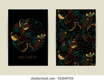 Cover design with floral pattern. Hand drawn creative flower. Colorful artistic background with blossom. It can be used for invitation, card, cover book, catalog. Size A4. Vector illustration, eps10