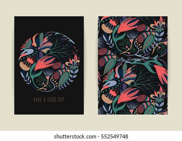 Cover design with floral pattern. Hand drawn creative flower. Colorful artistic background with blossom. It can be used for invitation, card, cover book, catalog. Size A4. Vector illustration, eps10