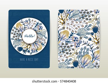 Cover design with floral pattern. Hand drawn creative flowers. Colorful artistic background with blossom. It can be used for invitation, card, cover book, catalog. Size A4. Vector illustration, eps10